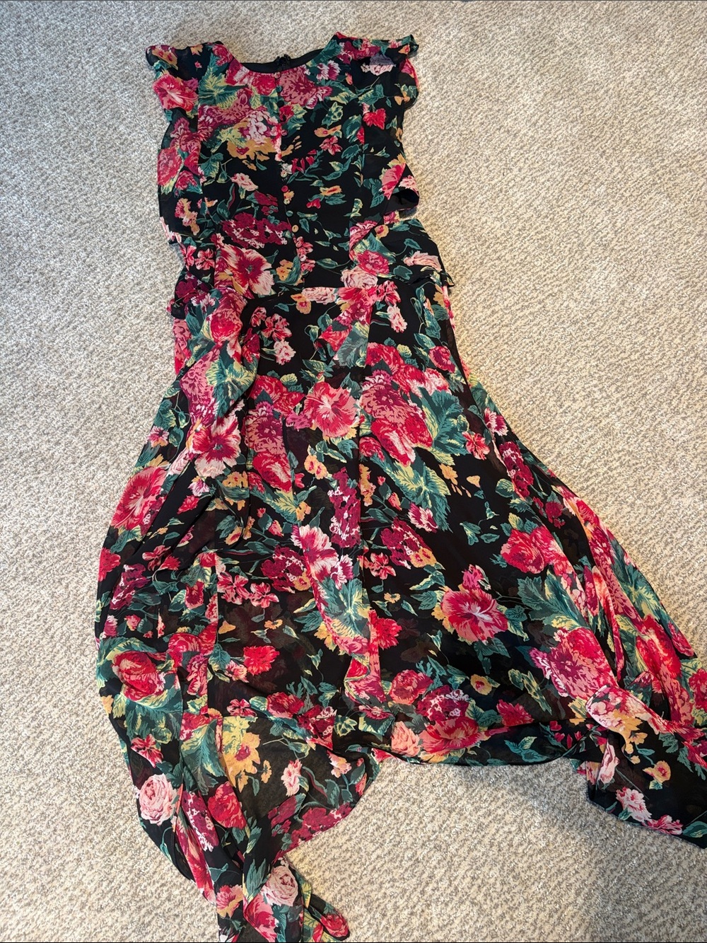 Black Floral Maxi Dress with Pink & Green Garden Print